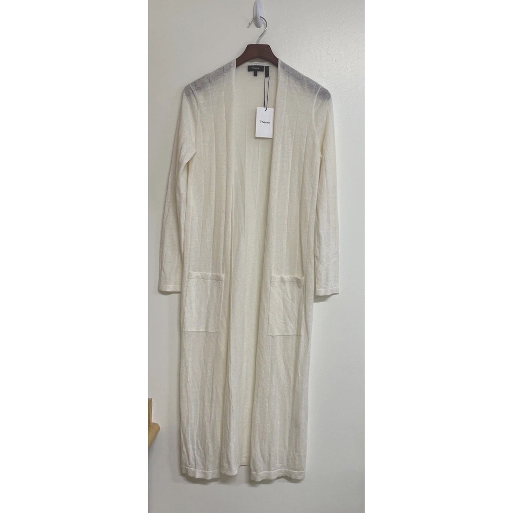THEORY Torina Maxi Open Front Merino Wool/Linen White Cardigan/Duster Women's L